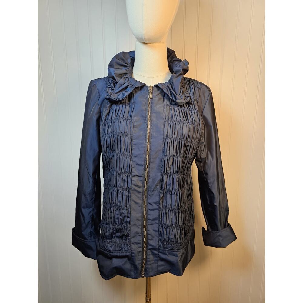 Renuar‎ Pleated Ruffled Zip Up Jacket Women's Size 8 Blue Shiney
